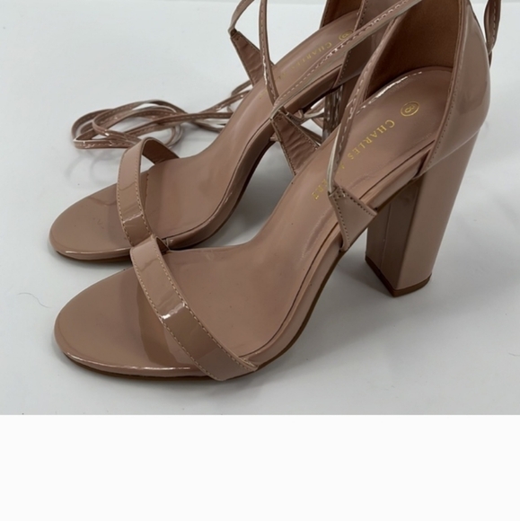 Charles Albert Faux Patent Leather High Block Heel Wrap Nude Tan Heels Strappy 8 - Picture 5 of 8